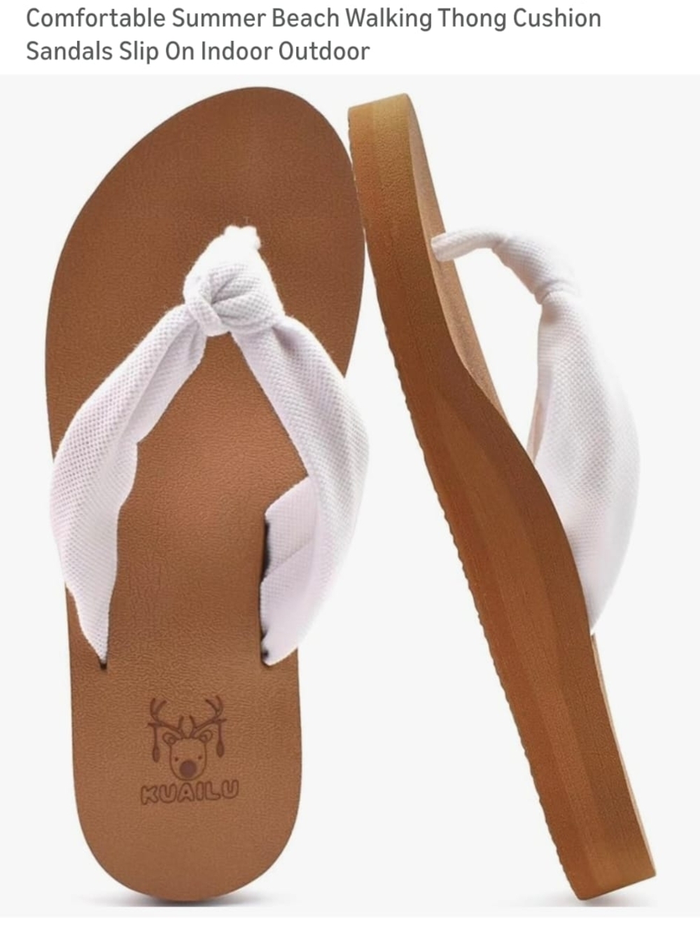 Kwailu White Fabric Thong Sandals with Brown Footbed